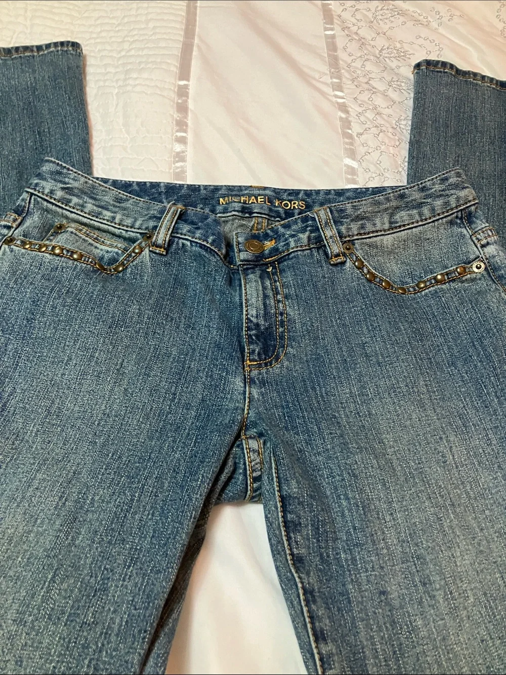 Michael Kors Blue Straight Leg Jeans with Studded Pocket Trim